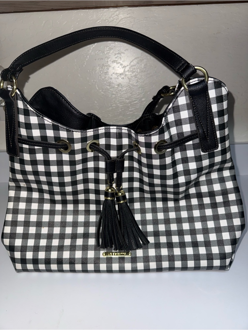 Liz Claiborne black and white gingham tote shoulder bag with tassel